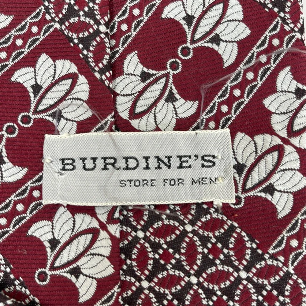 Vintage Burdine's Necktie Men Burgundy Geometric Floral 1970s Wide Tie Retro